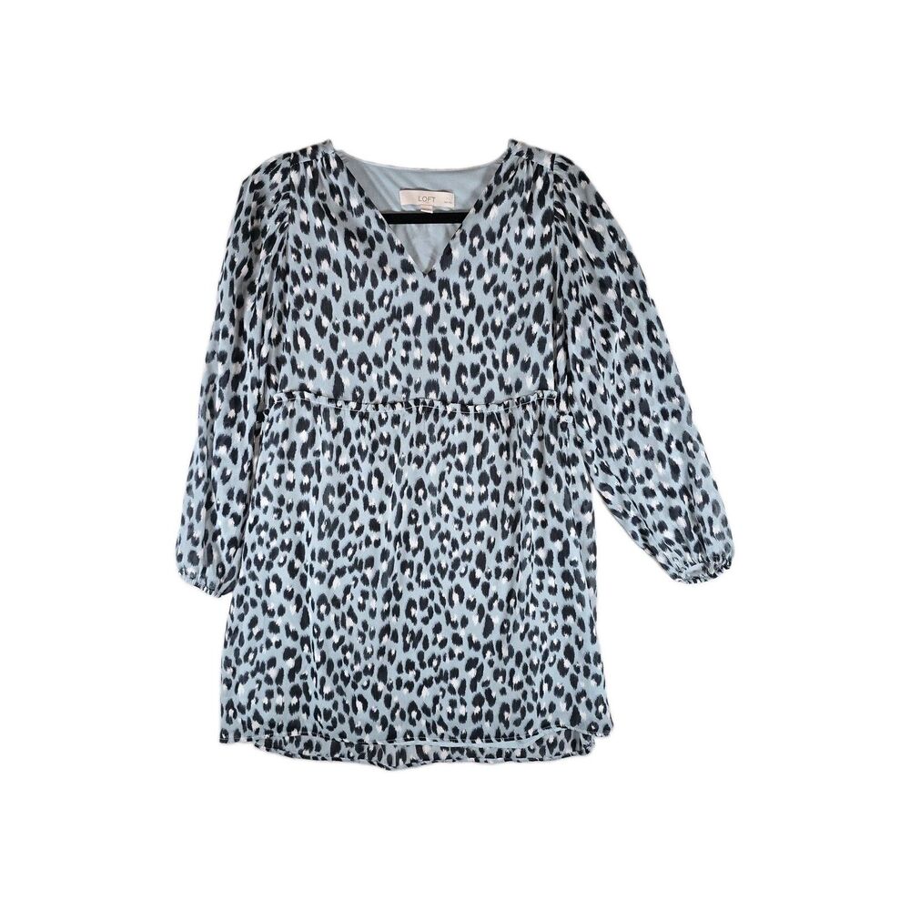 LOFT Leopard Print Babydoll Tunic Dress Blue Puff Sleeve Women’s Boho Size XXSP